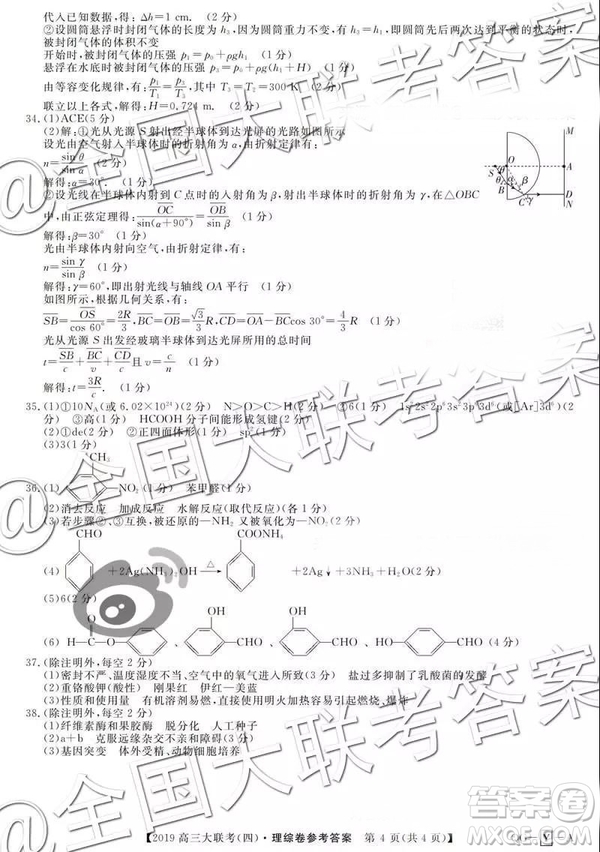 2019全國百所名校高三大聯考四調理綜答案