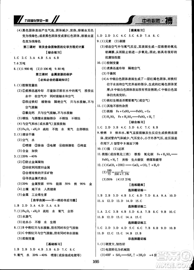 2018年中考必勝搏九年級化學RJY版全一冊參考答案