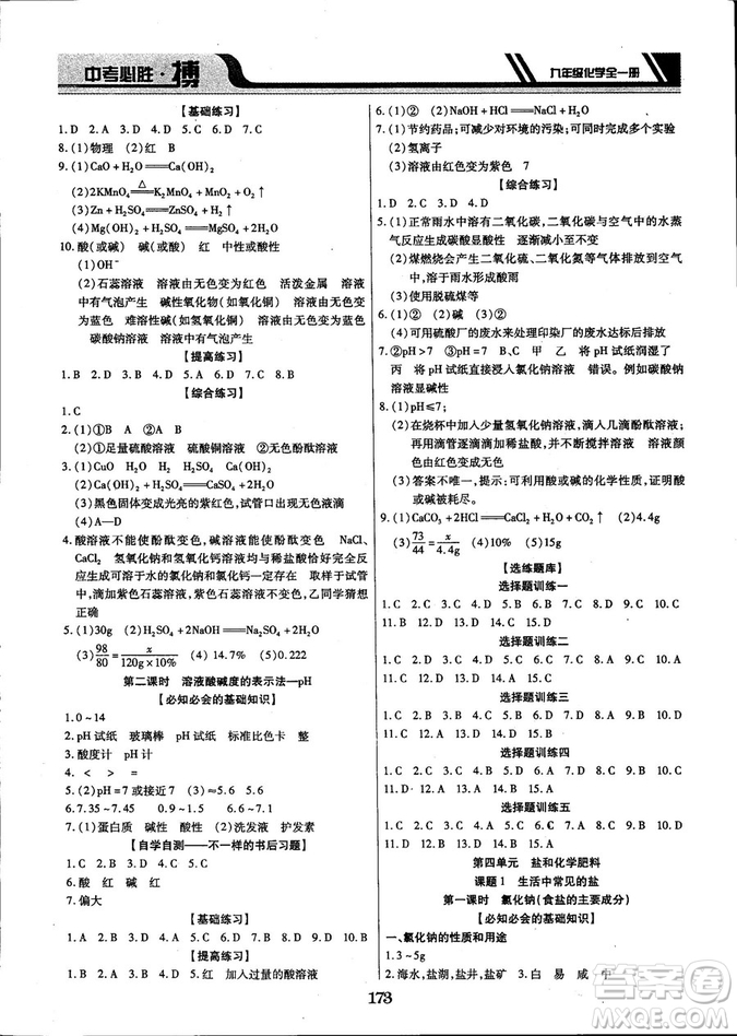 2018年中考必勝搏九年級化學RJY版全一冊參考答案