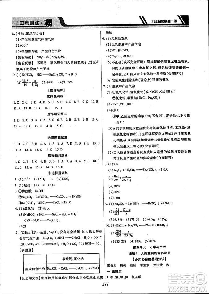 2018年中考必勝搏九年級化學RJY版全一冊參考答案