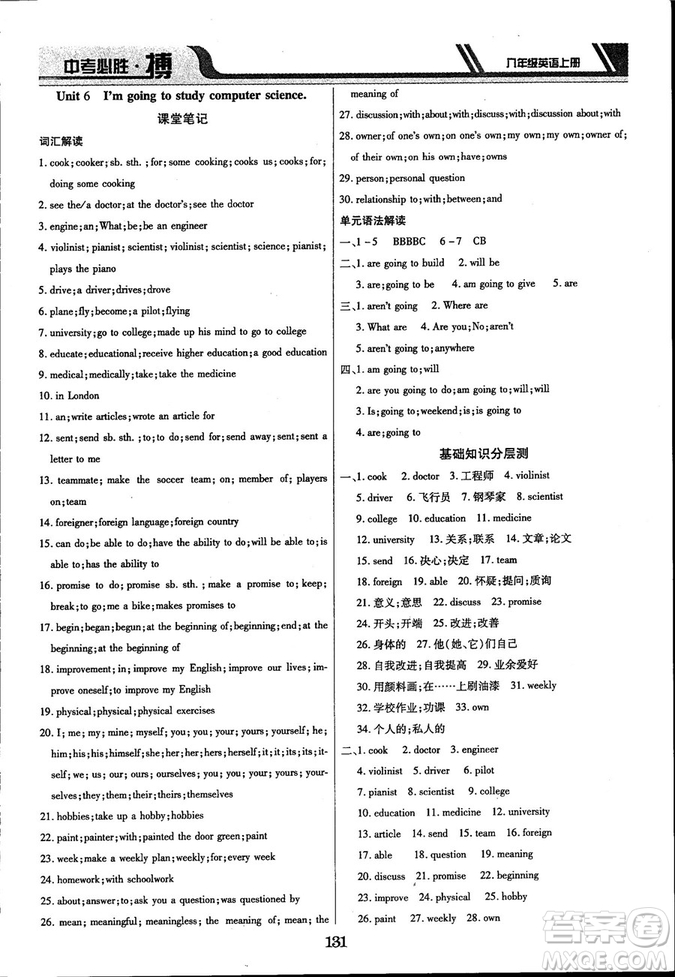 延邊出版社出版2018王立博中考必勝搏8年級(jí)英語(yǔ)TYPJ版上冊(cè)參考答案