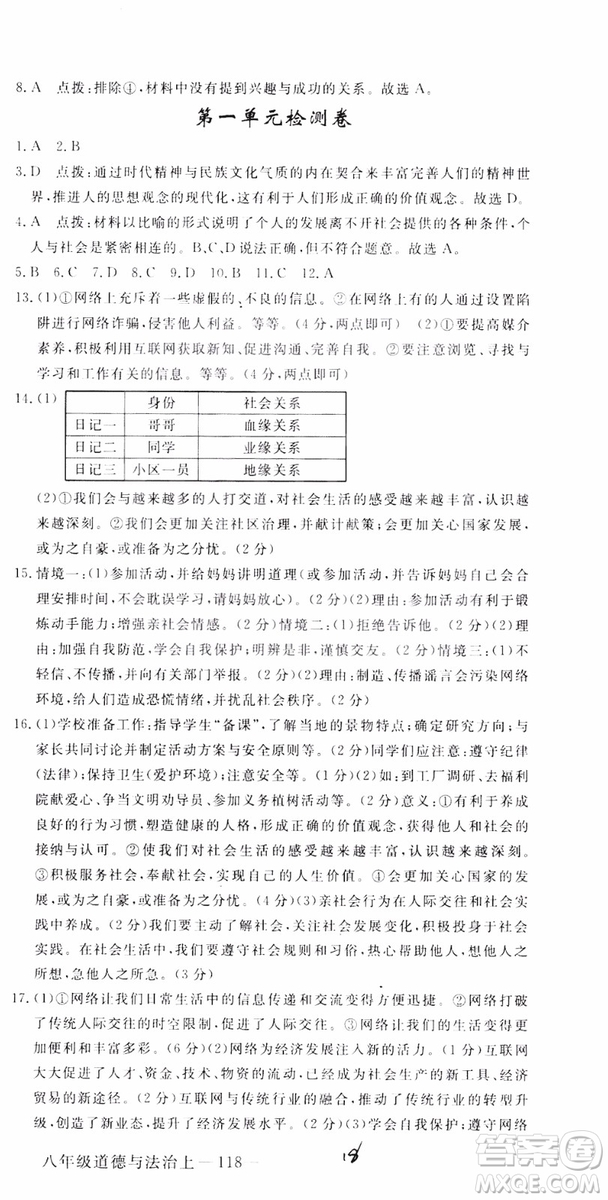 安徽專用2018年優(yōu)翼叢書學(xué)練優(yōu)道德與法治八年級上冊RJ人教版參考答案