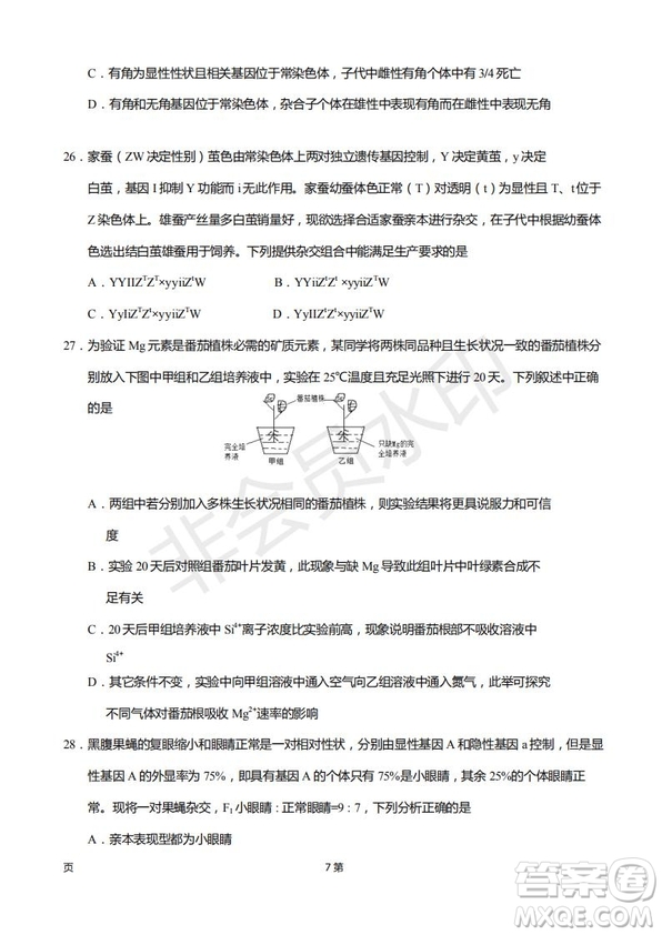 2019屆福建省廈門外國語學校高三11月月考生物試題及答案