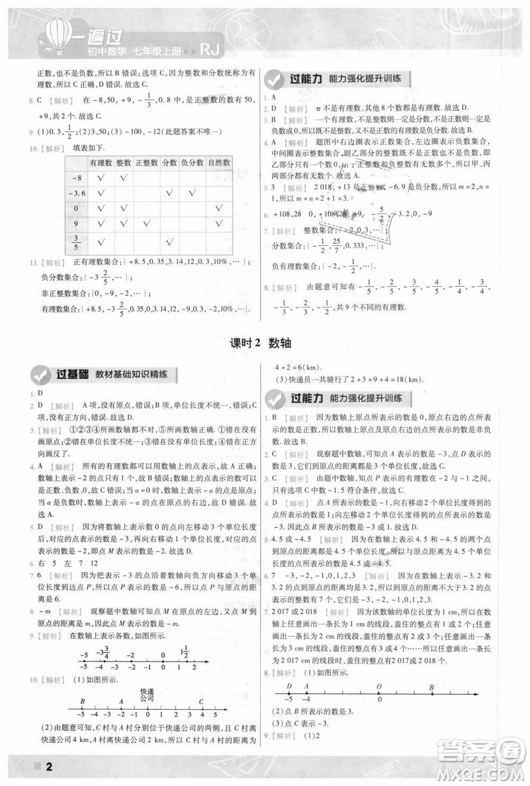 天星教育2019版一遍過七年級(jí)上數(shù)學(xué)RJ版人教版參考答案