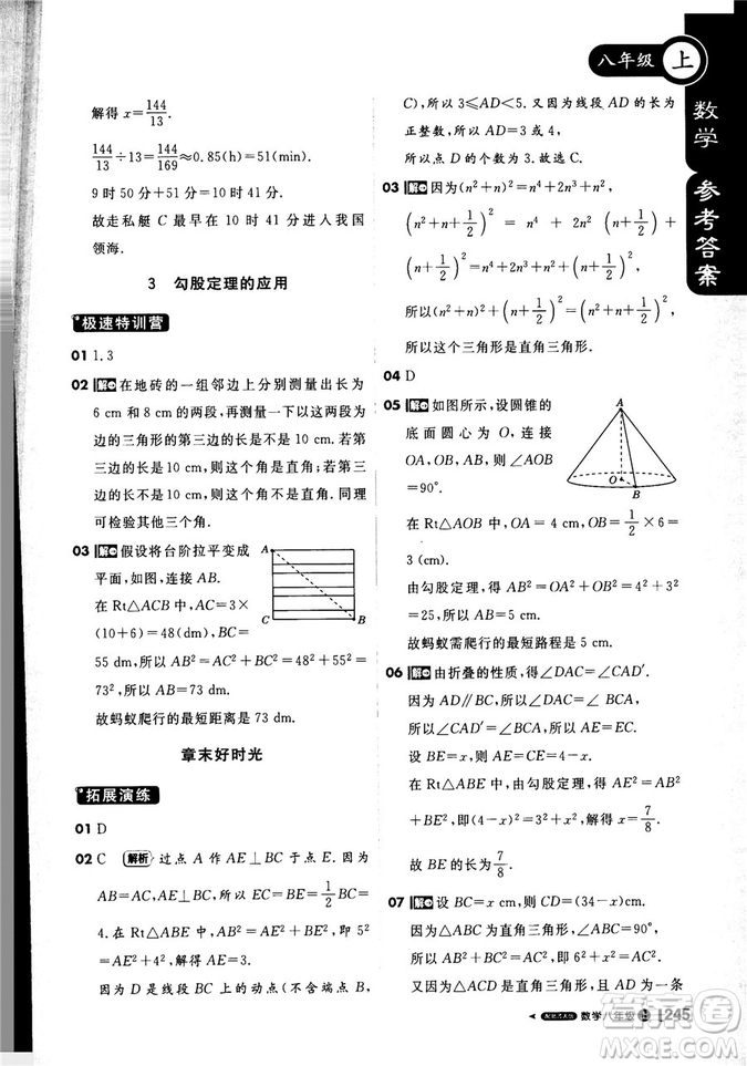 2019新版課堂直播八年級上數(shù)學(xué)北師大版BSD參考答案