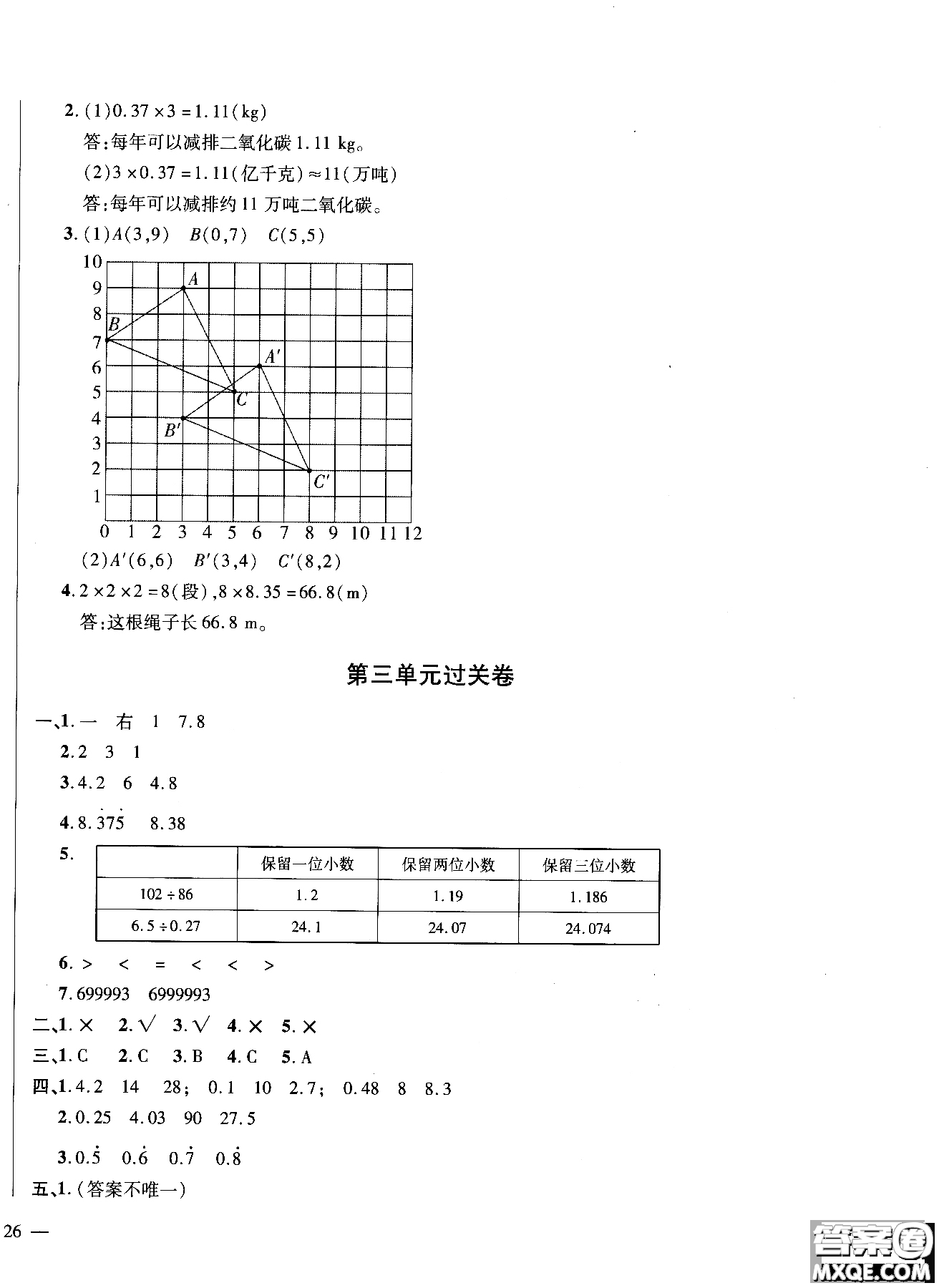 小學(xué)數(shù)學(xué)2018年舉一反三單元同步過關(guān)卷五年級上人教版RJ參考答案