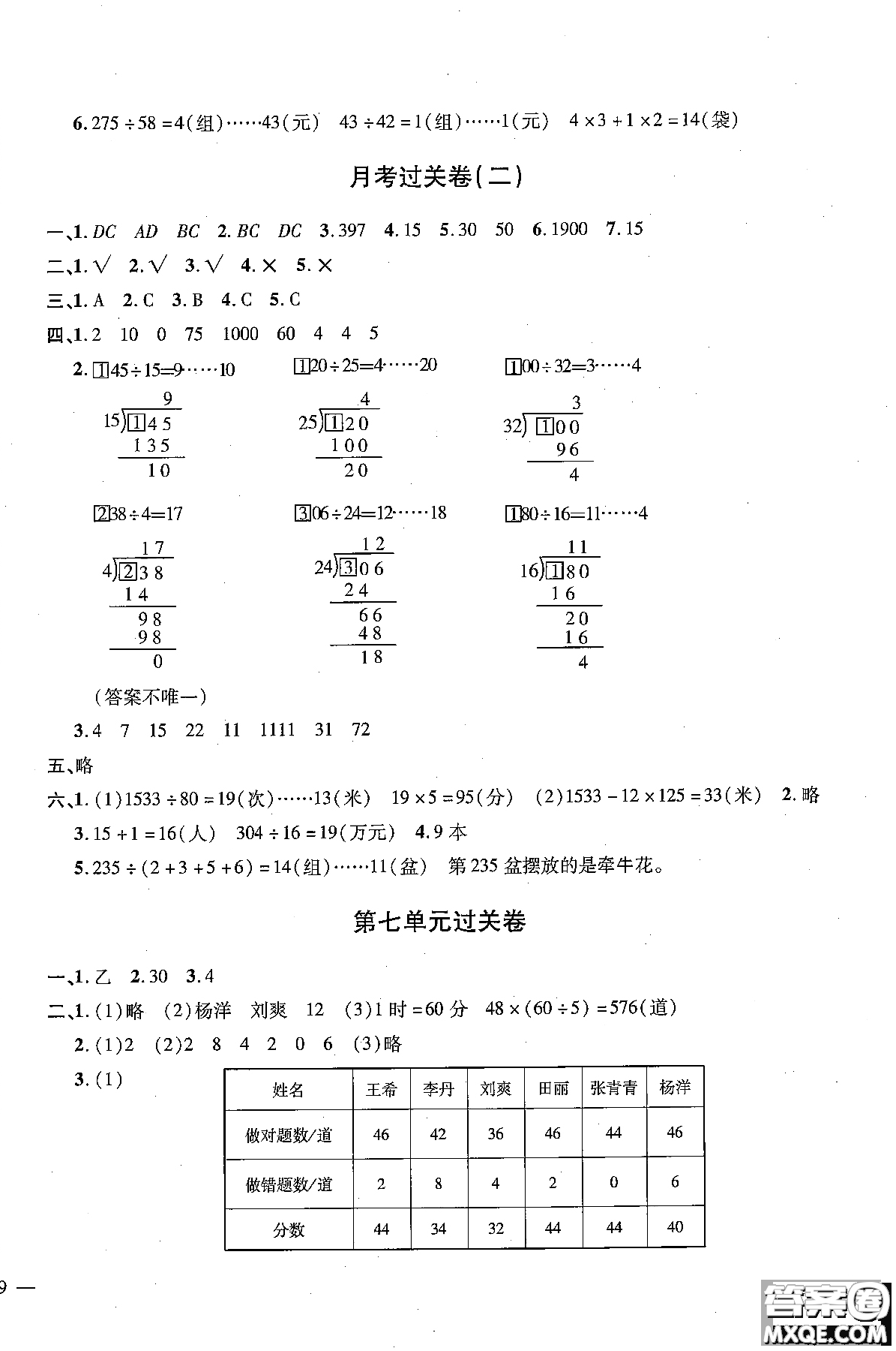 小學(xué)數(shù)學(xué)9787545051063舉一反三單元同步過關(guān)卷四年級上2018年人教版RJ參考答案