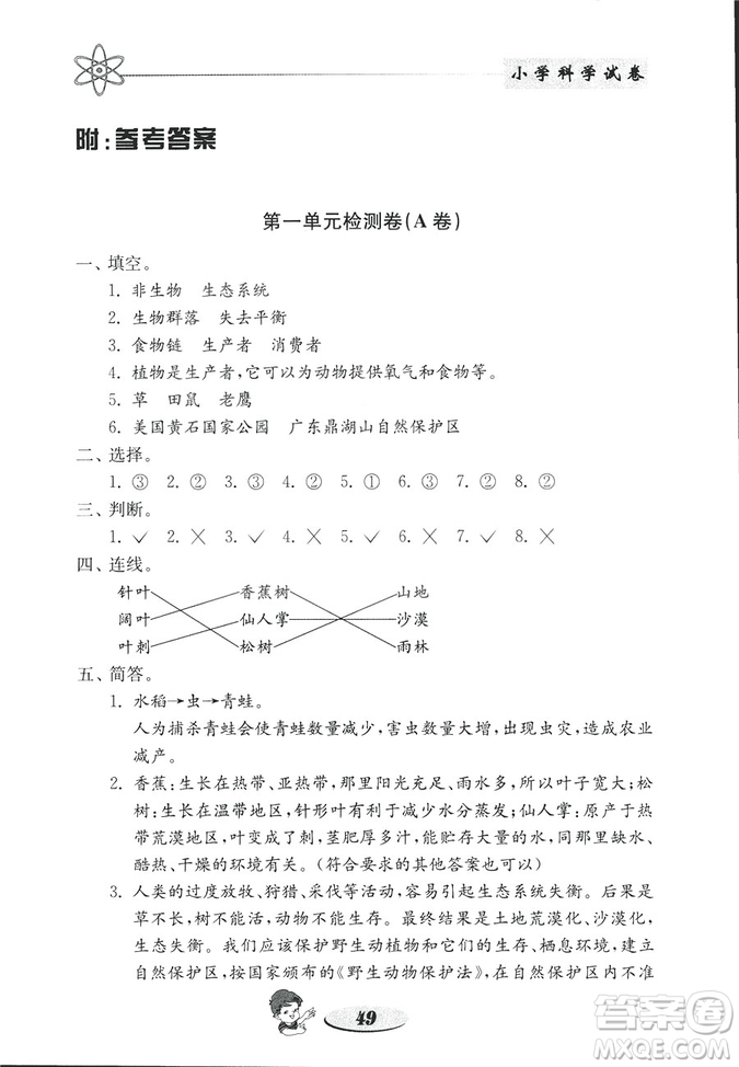 2018年金鑰匙小學(xué)科學(xué)試卷教科版五年級上冊參考答案