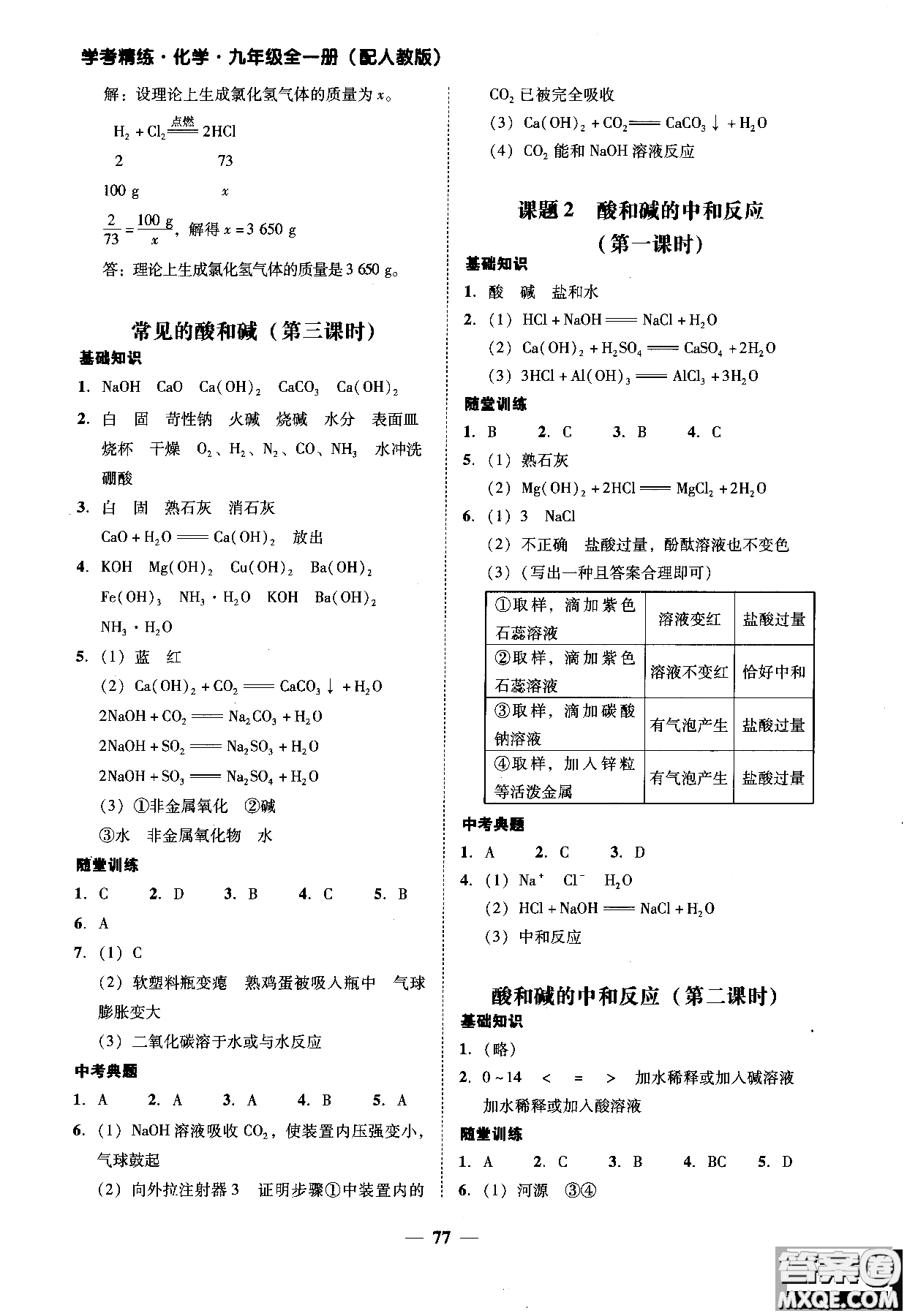 2018南粵學(xué)典學(xué)考精練九年級化學(xué)全一冊人教版練習(xí)冊參考答案