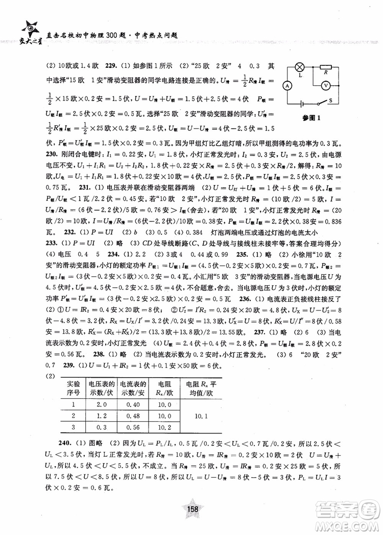 交大之星2019版直擊名校初中物理300題中考熱點(diǎn)問(wèn)題參考答案