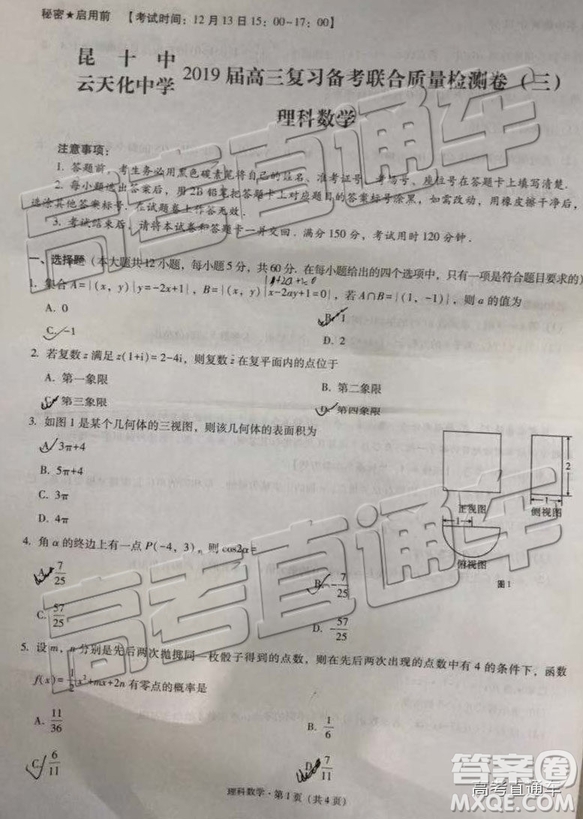 昆十中云天化中學(xué)2019屆高三復(fù)習(xí)備考聯(lián)合質(zhì)量檢測卷三理數(shù)試題及參考答案