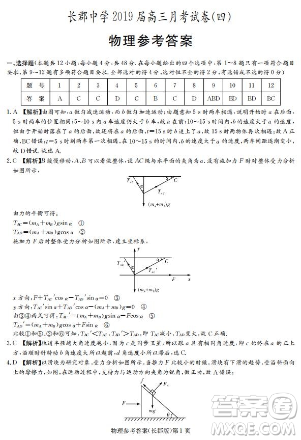 湖南省長(zhǎng)郡中學(xué)2019屆高三12月月考物理試題答案