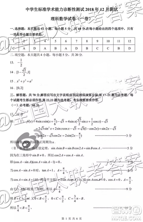 中學(xué)生標(biāo)準(zhǔn)學(xué)術(shù)能力診斷性測(cè)試2018年12月測(cè)試高三理數(shù)答案