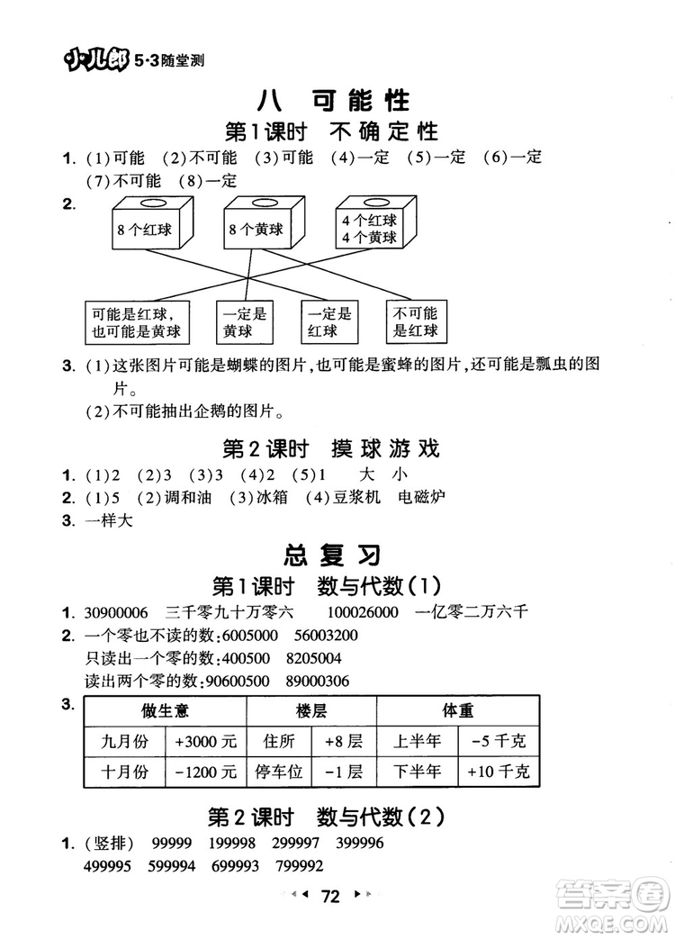 2018年53隨堂測小學(xué)數(shù)學(xué)四年級上冊BSD北師大版參考答案