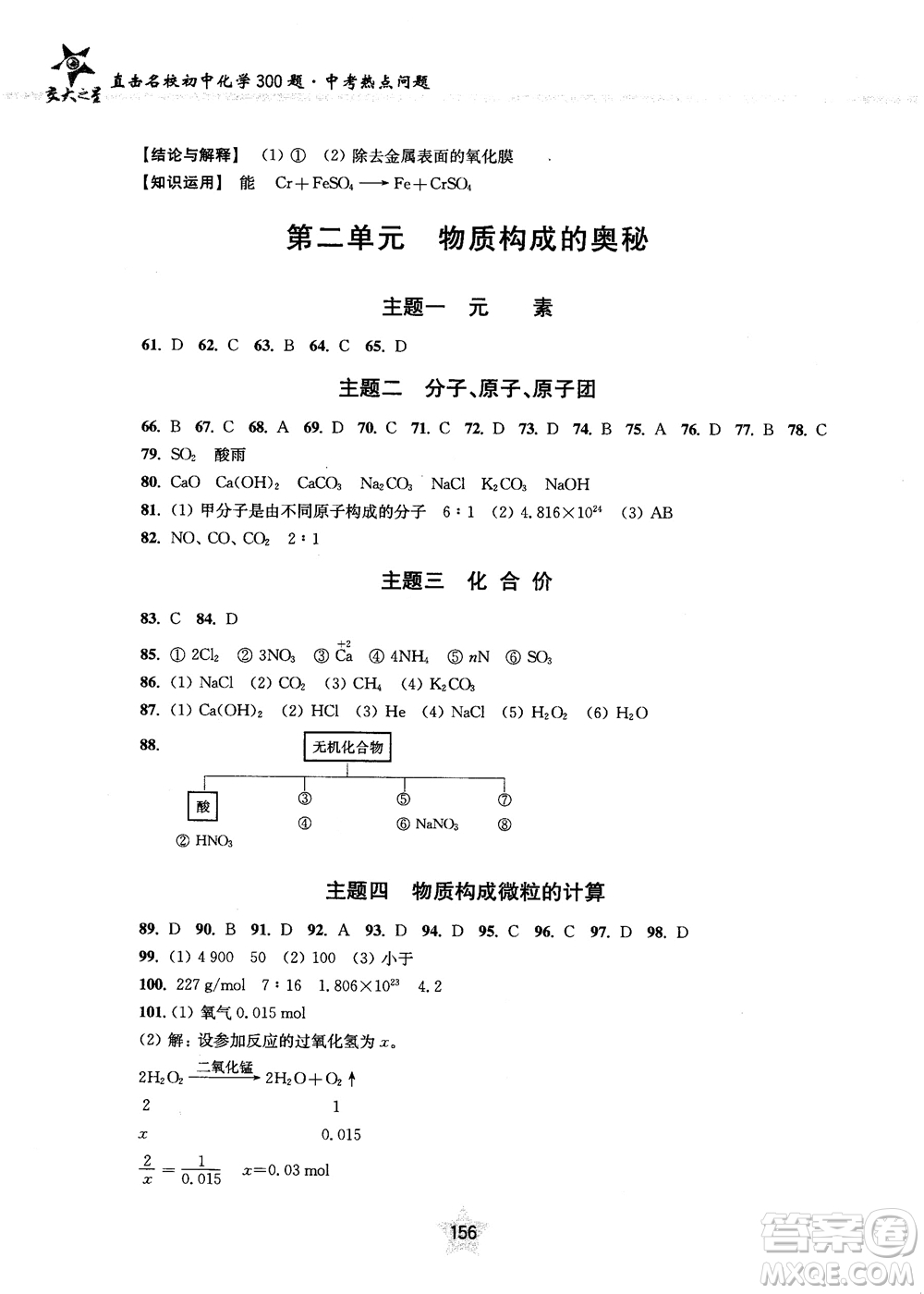 交大之星2018年直擊名校初中化學(xué)300題中考熱點(diǎn)問題ZJ23參考答案