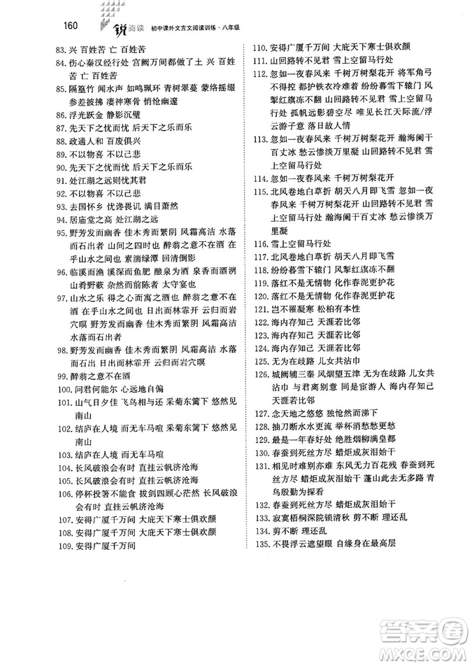 2018年銳閱讀初中課外文言文閱讀訓練120篇八年級參考答案