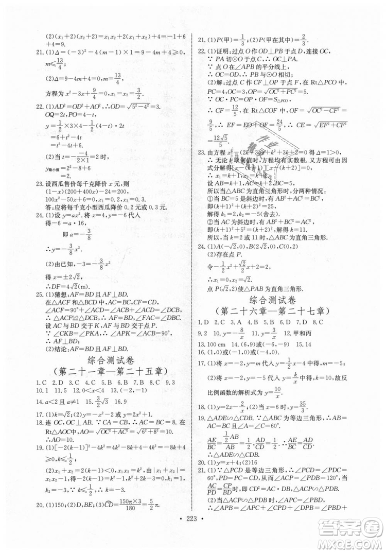 2018年長(zhǎng)江全能學(xué)案同步練習(xí)冊(cè)九年級(jí)全一冊(cè)人教版參考答案