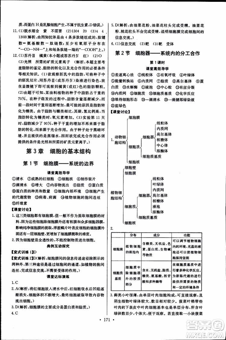 2018年長(zhǎng)江全能學(xué)案同步練習(xí)冊(cè)生物必修1人教版參考答案