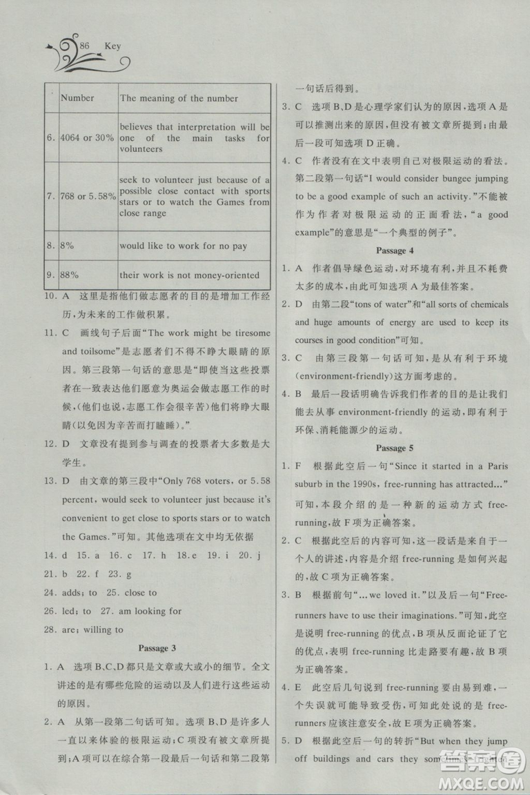 2018年長江全能學(xué)案英語閱讀訓(xùn)練必修2人教版參考答案