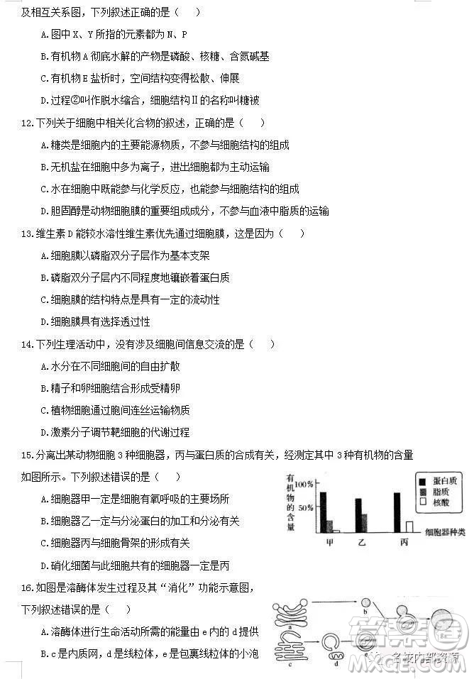 哈六中2021屆高一上學(xué)期12月月考生物試卷及答案