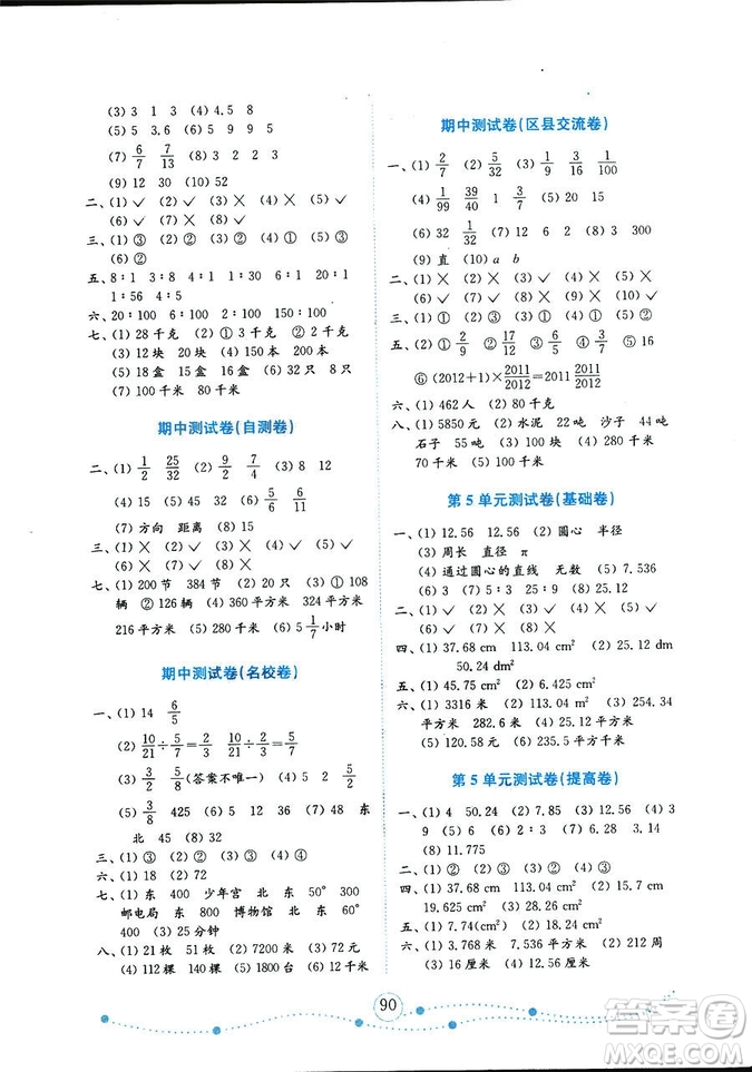 2018秋小學(xué)數(shù)學(xué)六年級(jí)上冊(cè)金版人教版金鑰匙試卷9787532898701參考答案