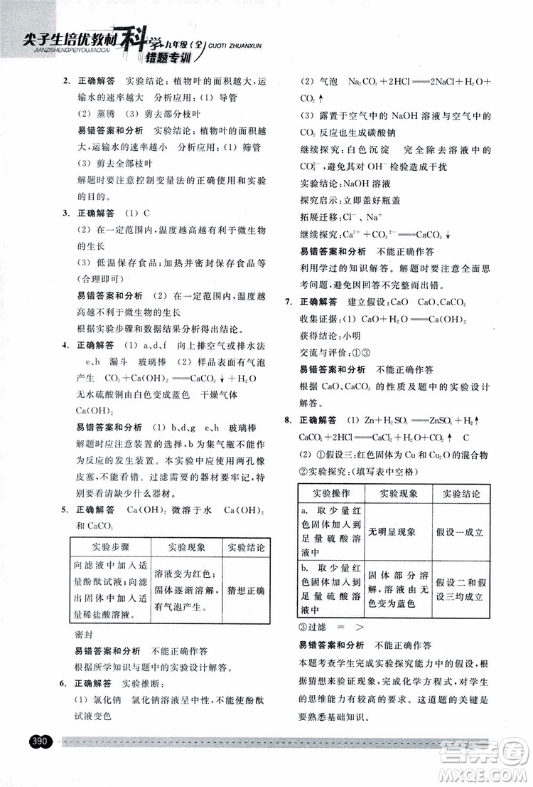 2018年尖子生培優(yōu)教材錯(cuò)題專訓(xùn)九年級(jí)科學(xué)全一冊(cè)參考答案