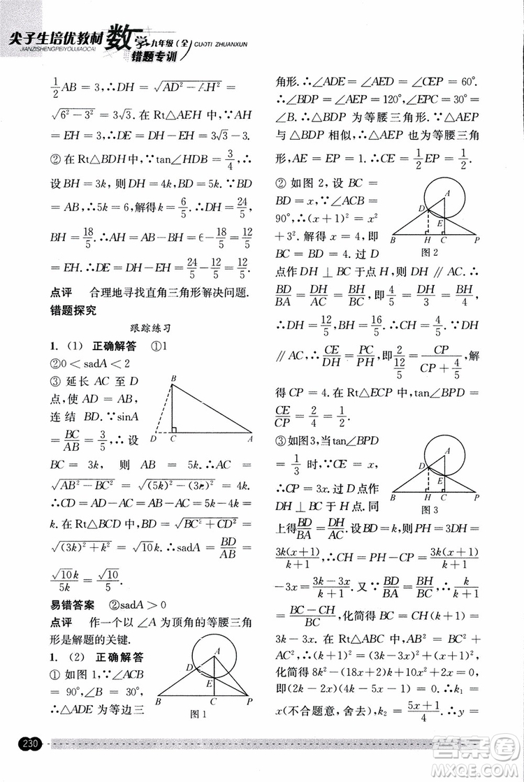 2018年尖子生培優(yōu)教材錯題專訓九年級全一冊數(shù)學參考答案