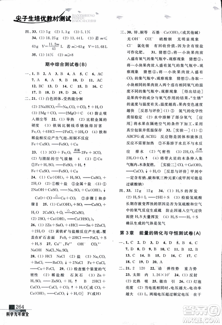 2018年尖子生培優(yōu)教材測(cè)試九年級(jí)科學(xué)全一冊(cè)第3次修訂參考答案