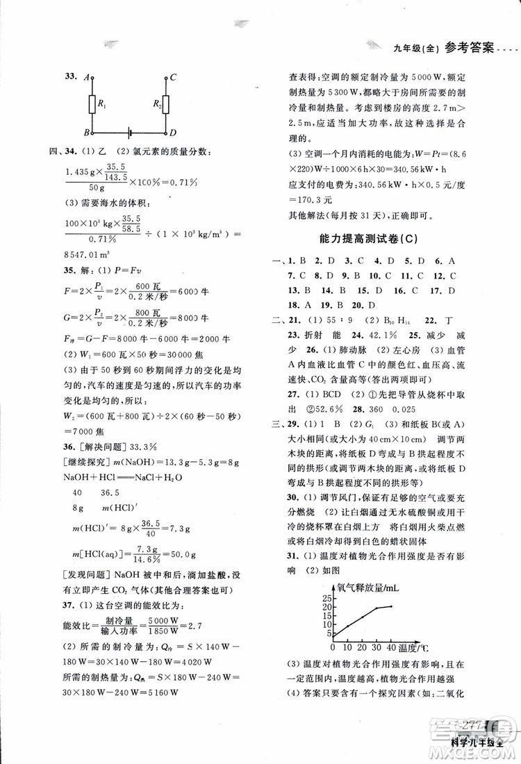 2018年尖子生培優(yōu)教材測(cè)試九年級(jí)科學(xué)全一冊(cè)第3次修訂參考答案