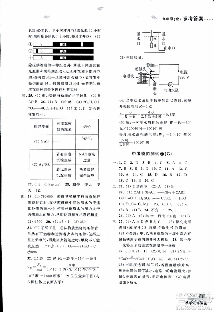 2018年尖子生培優(yōu)教材測(cè)試九年級(jí)科學(xué)全一冊(cè)第3次修訂參考答案