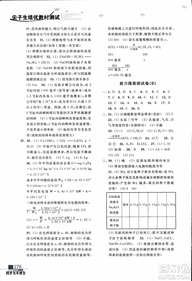 2018年尖子生培優(yōu)教材測(cè)試九年級(jí)科學(xué)全一冊(cè)第3次修訂參考答案