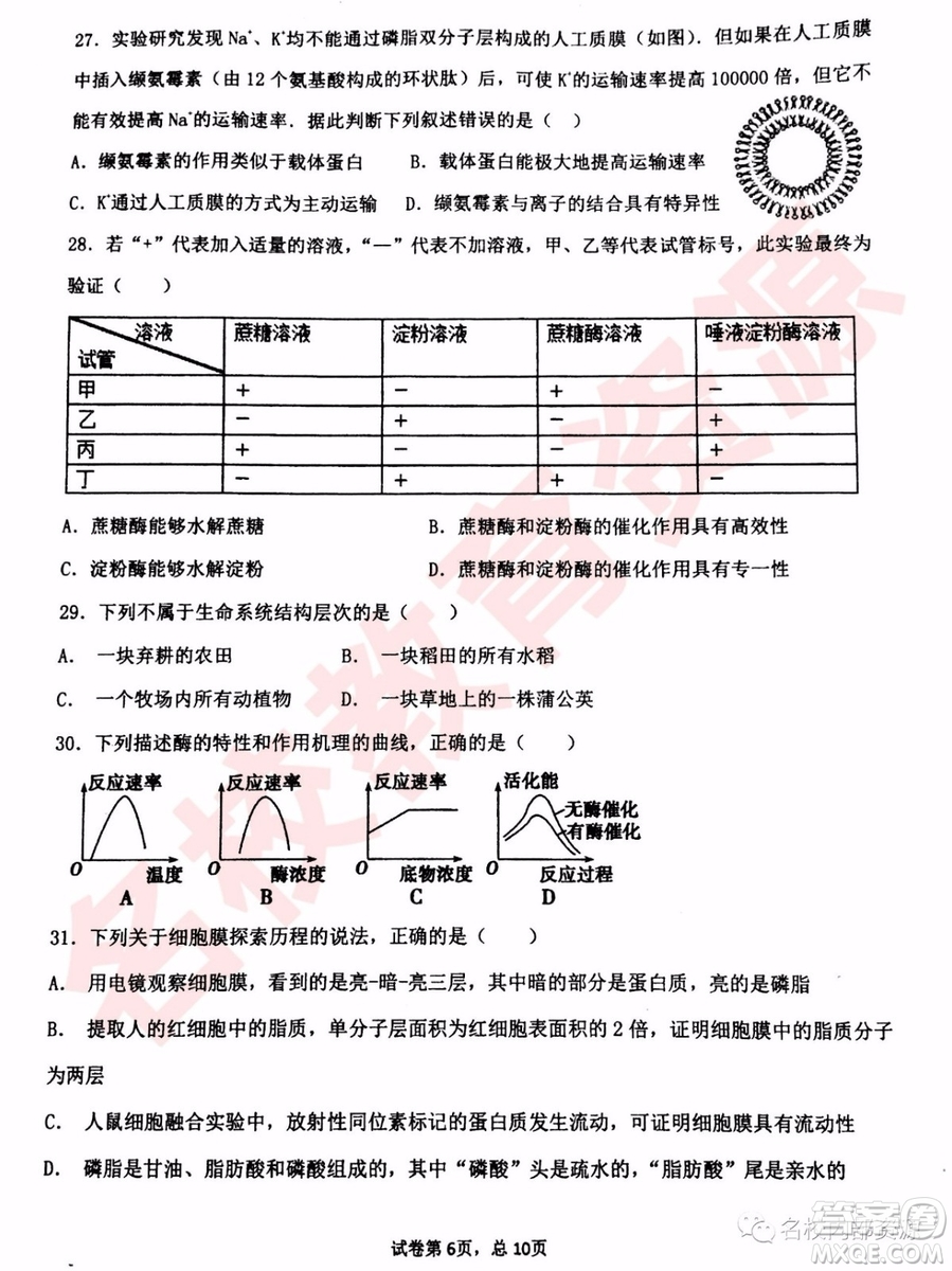 哈三中2018—2019年高一上第二次驗收考試生物試卷及答案