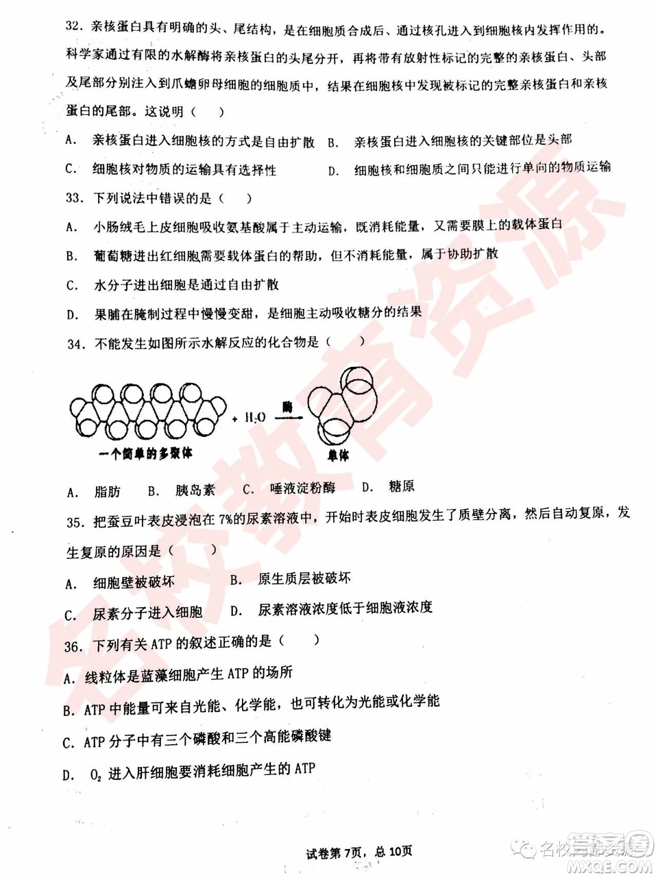 哈三中2018—2019年高一上第二次驗收考試生物試卷及答案