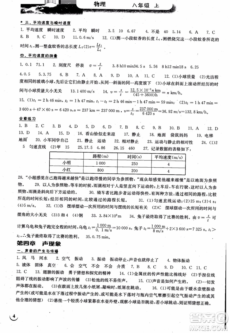 2018年長江作業(yè)本同步練習(xí)冊初中八年級上冊物理人教版參考答案