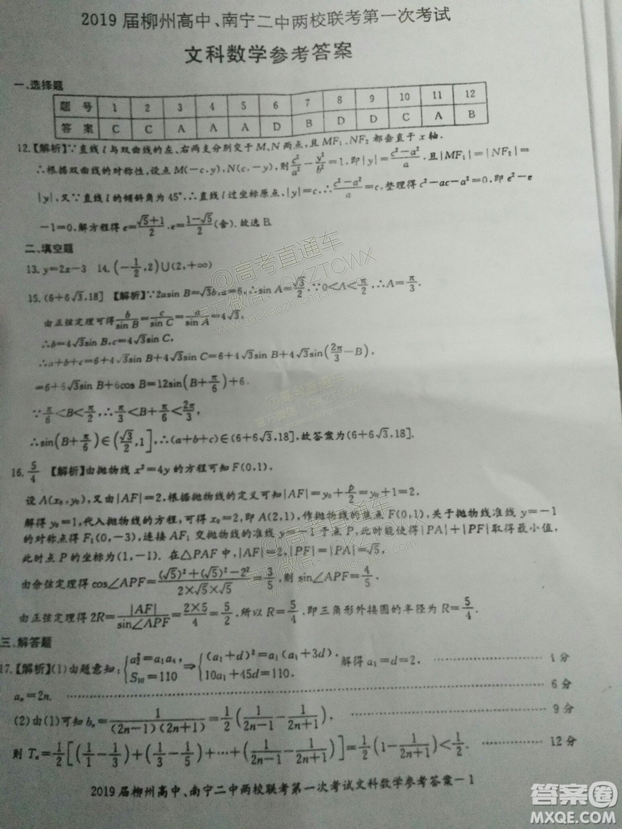 2019廣西柳州高中、南寧二中兩校聯(lián)考文數(shù)試題及參考答案