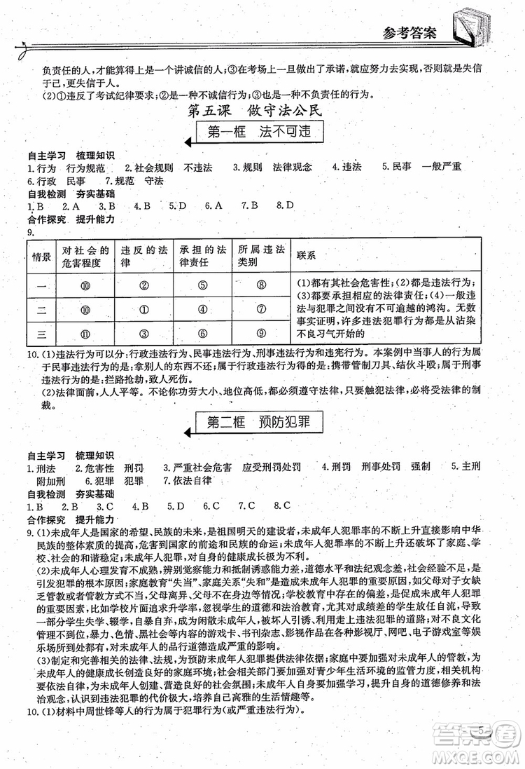 2018年長江作業(yè)本同步練習(xí)冊(cè)八年級(jí)上冊(cè)思想品德人教版參考答案