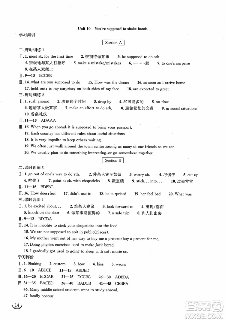 湖北教育出版社2018年長江作業(yè)本同步練習(xí)冊英語九年級上冊人教版參考答案