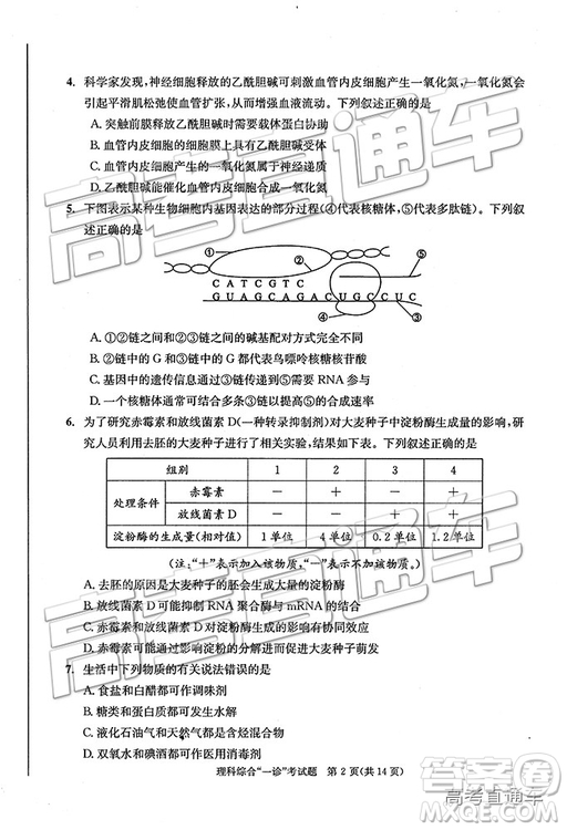 2019成都一診理綜試題及參考答案