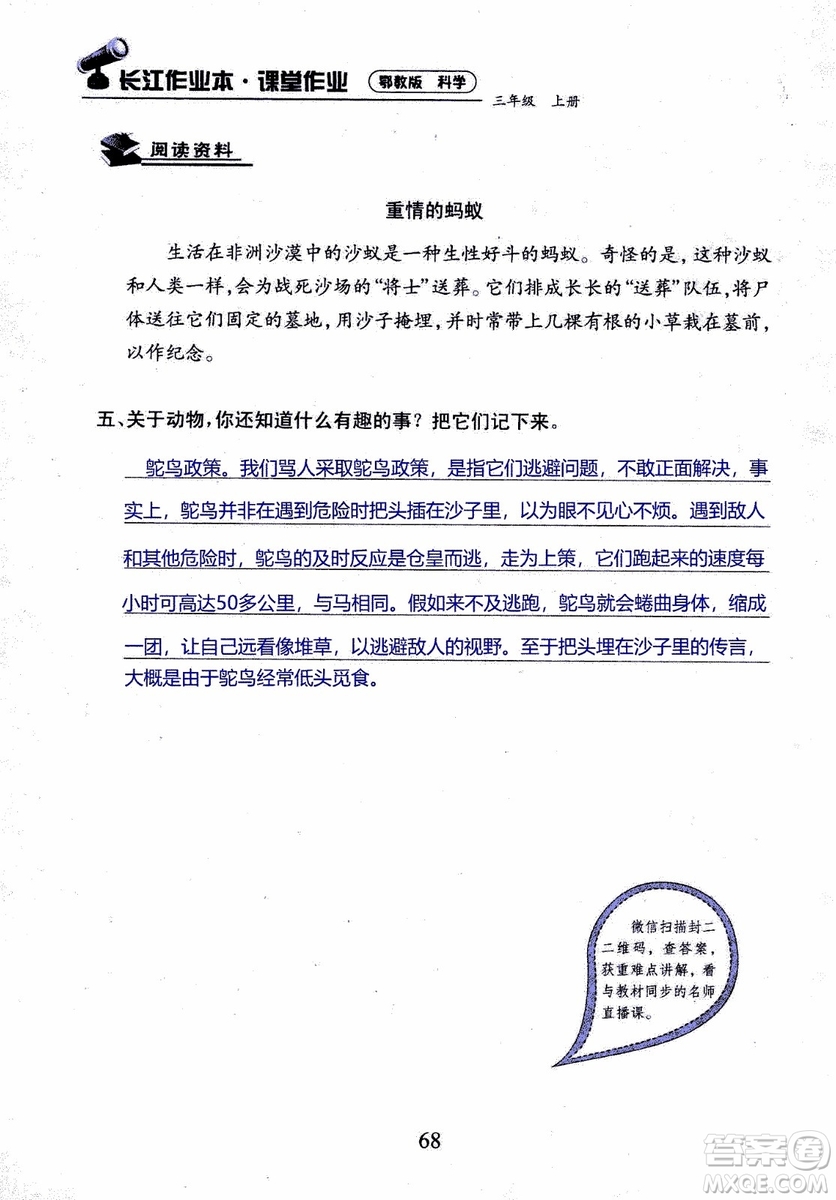 2018年長江作業(yè)本課堂作業(yè)科學(xué)三年級上冊鄂教版參考答案