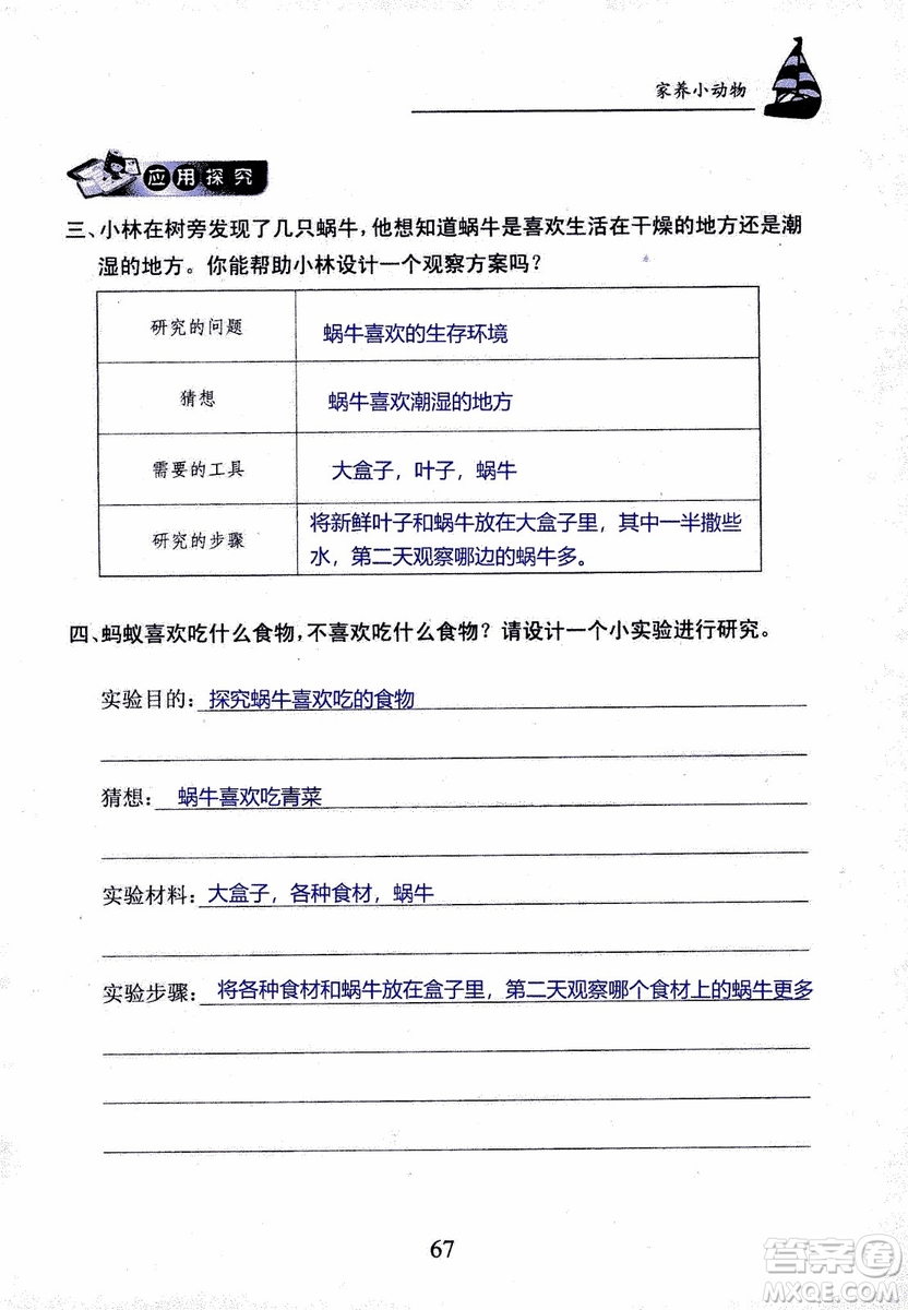 2018年長江作業(yè)本課堂作業(yè)科學(xué)三年級上冊鄂教版參考答案