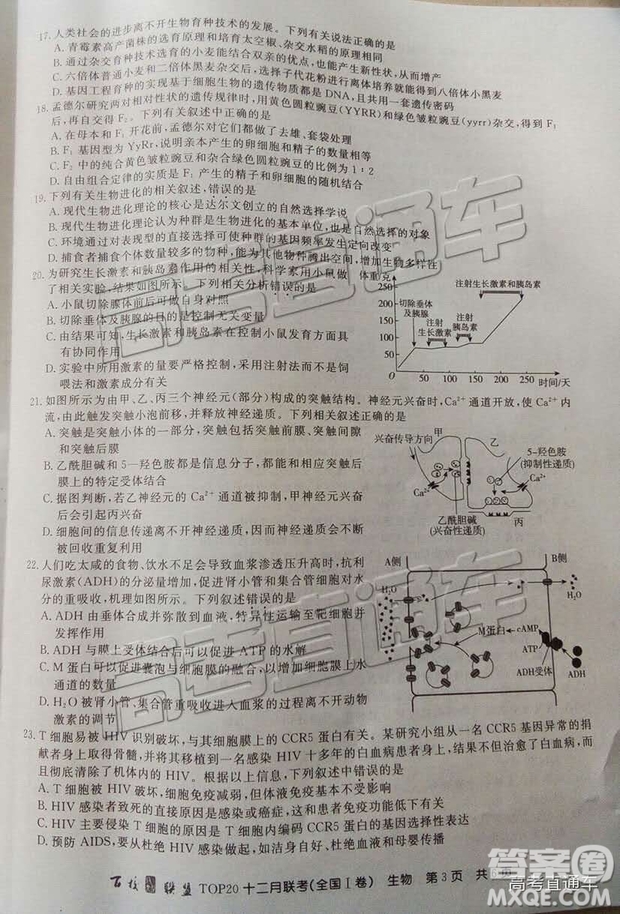 百校聯(lián)盟2019屆TOP20十二月聯(lián)考全國Ⅰ卷生物試卷及參考答案