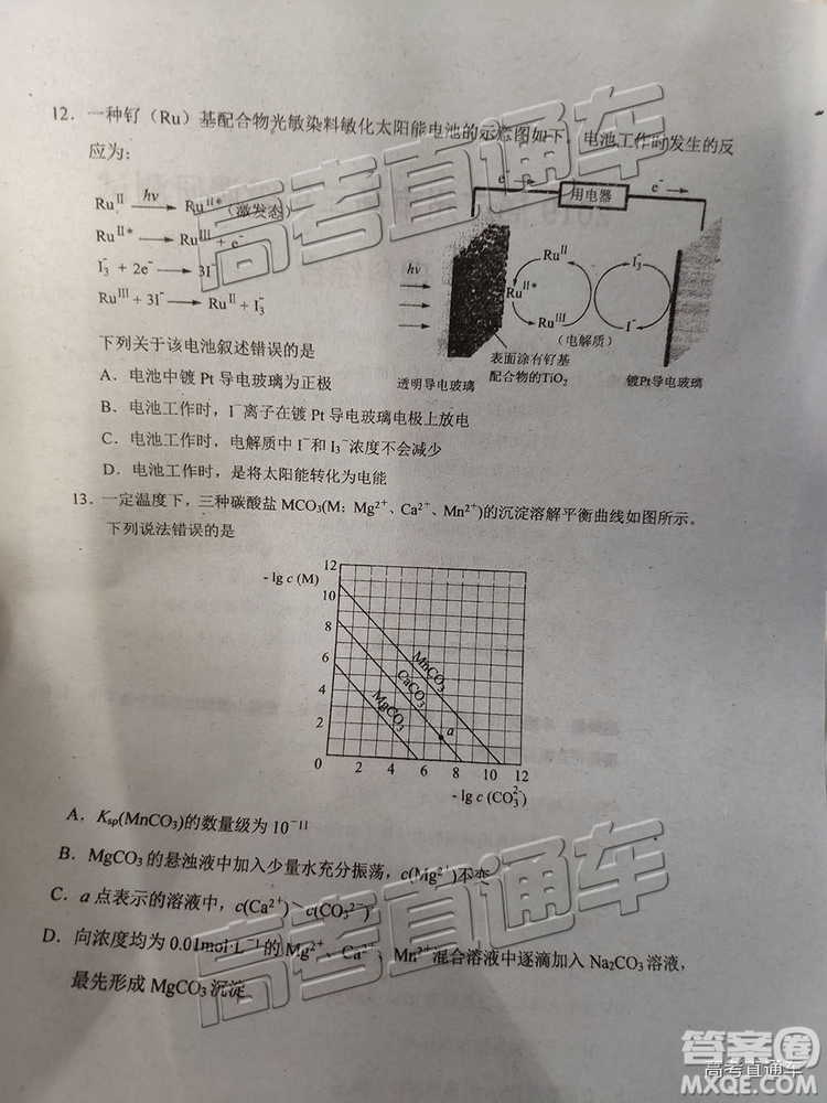 2019廣州調(diào)研理綜試題及參考答案