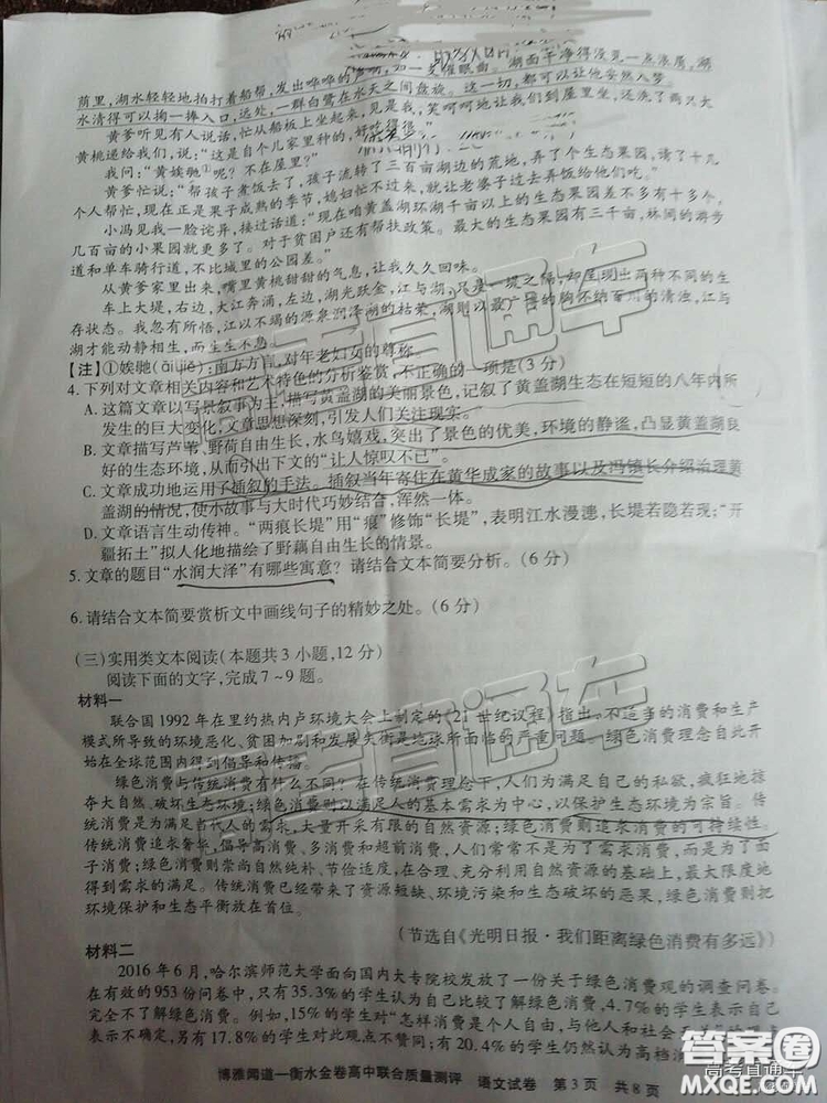 博雅聞道衡水金卷2018-2019年度高三第三次聯(lián)合質(zhì)量測評語文試卷及答案解析