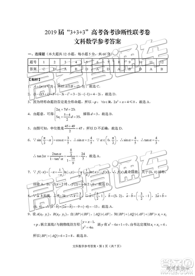 2019屆“3+3+3”高考備考診斷性聯(lián)考卷文科數(shù)學(xué)試卷及參考答案