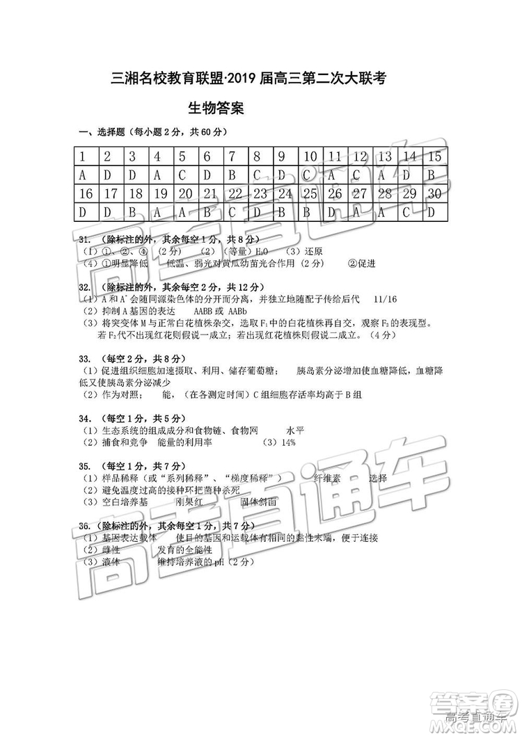 2019湖南省三湘名校教育聯(lián)盟高三第二次大聯(lián)考理綜試題及參考答案