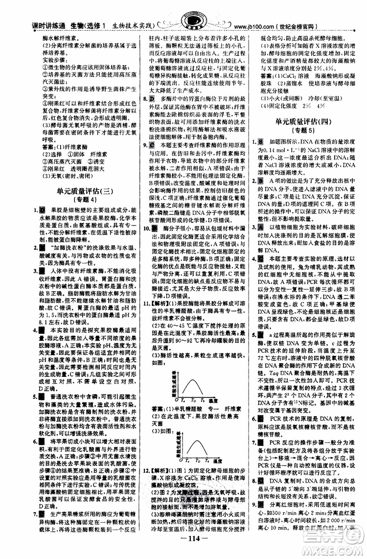 2018年世紀(jì)金榜課時講練通人教版生物選修1生物技術(shù)實踐參考答案