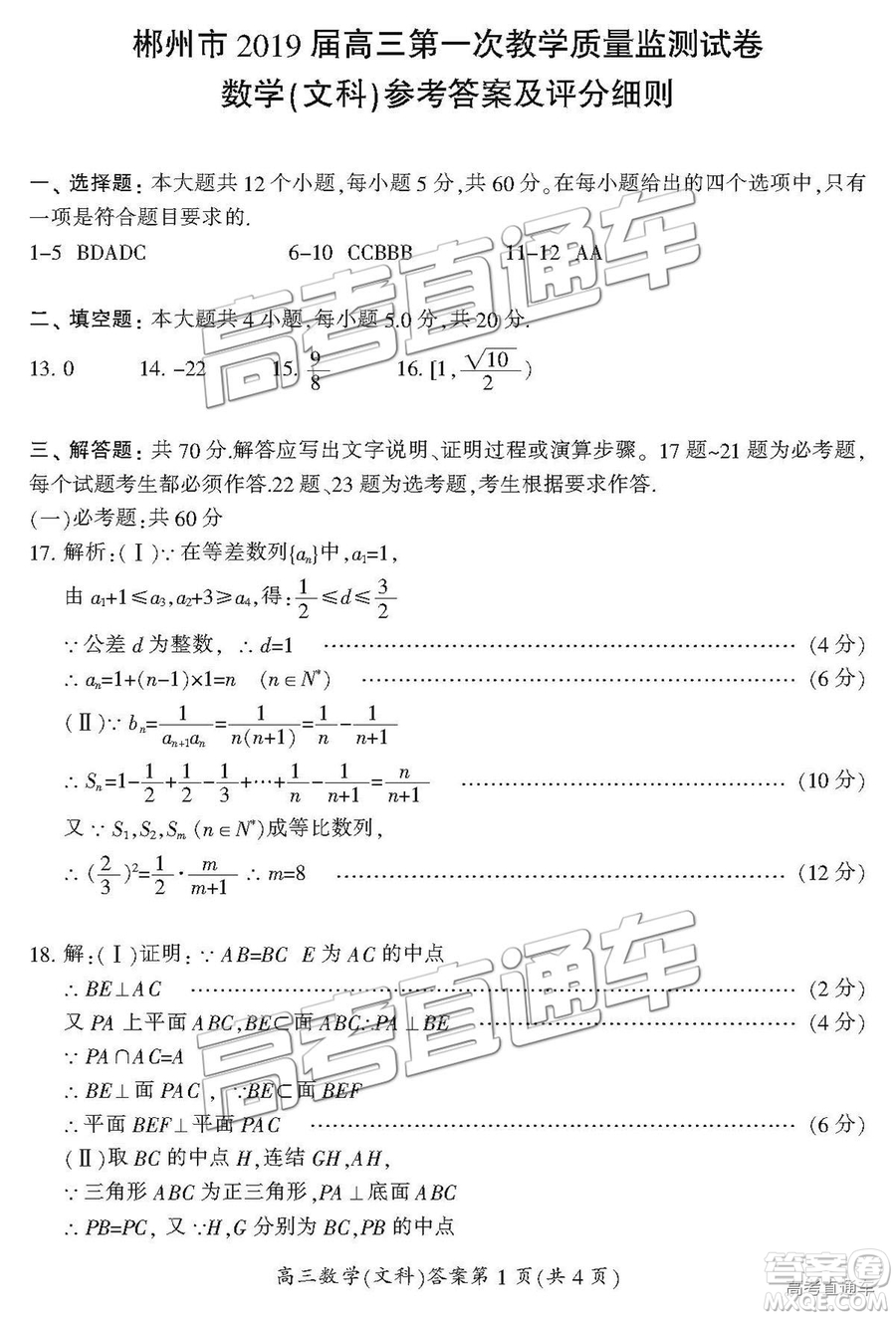 湖南省郴州市2019屆高三第一次質(zhì)量檢測文數(shù)試題及參考答案