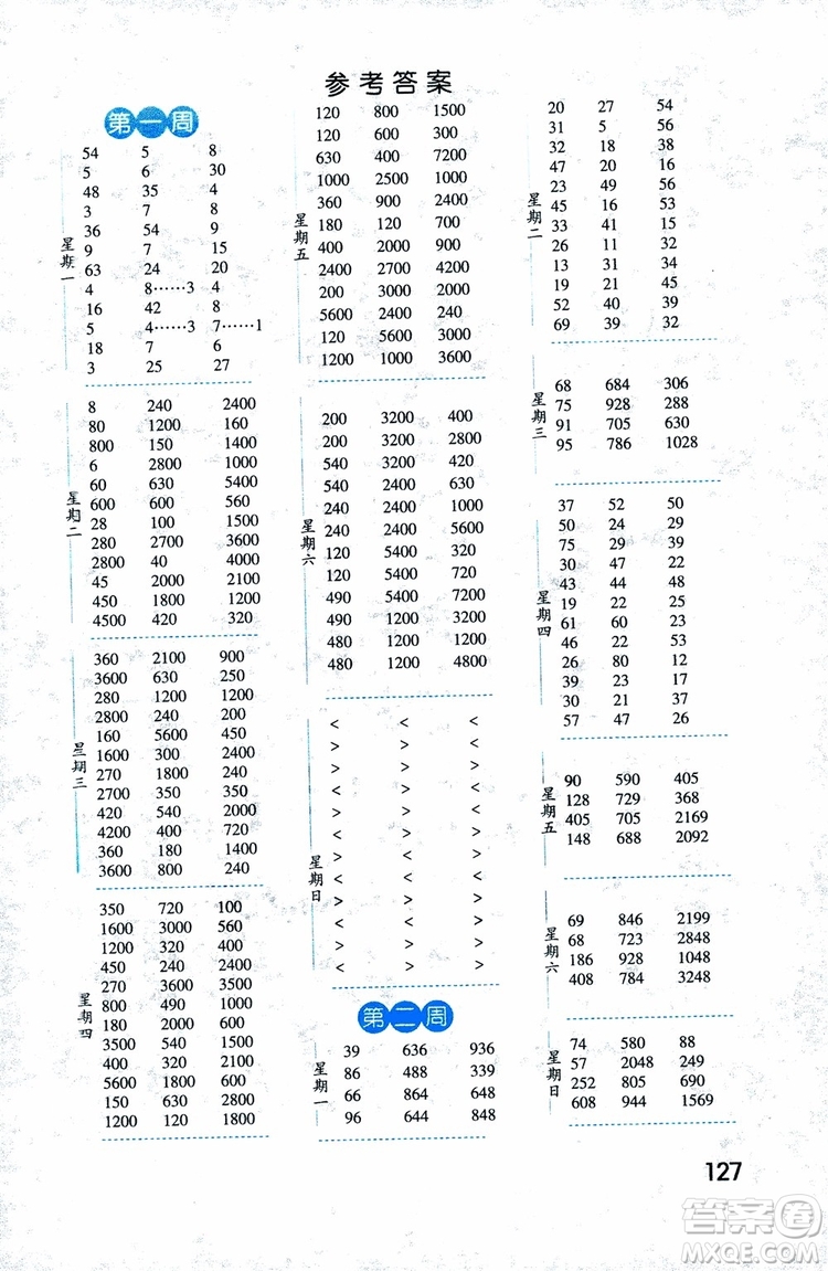 2018秋經(jīng)綸學典口算達人三年級數(shù)學上冊江蘇國際參考答案