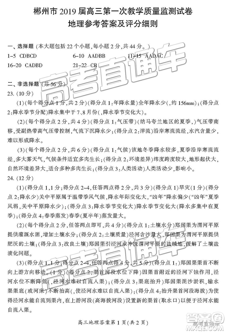 2019屆湖南省郴州市高三第一次質(zhì)量檢測(cè)文綜試題及參考答案