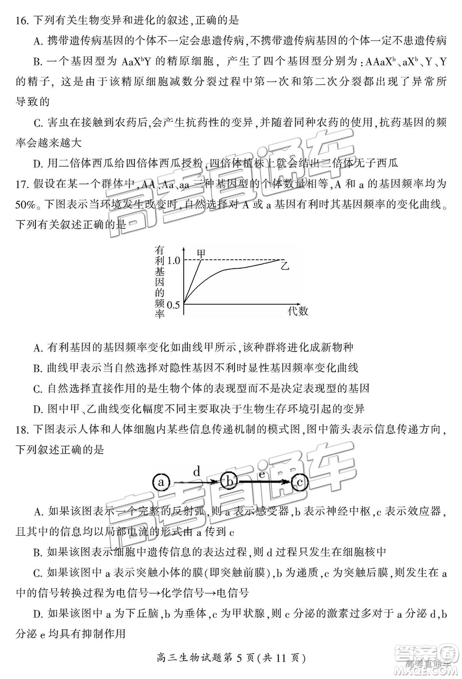 2019屆湖南省郴州市高三第一次質(zhì)量檢測理綜試題及參考答案